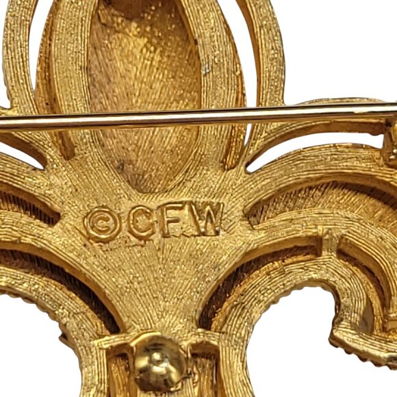 Vintage Signed CFW Gold Tone Fleur-De-Lis Brooch Pin Charles F Worth Statement - Picture 2 of 9